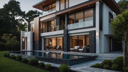 A modern two-story house with a dark gray stone facade, large windows, and a rectangular infinity pool.  The house features a wood accent and is nestled in landscaping.