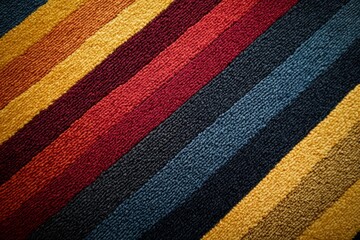 Colorful diagonal stripes create a vibrant and textured pattern on soft, plush carpet, perfect for adding a touch of warmth and style to any interior