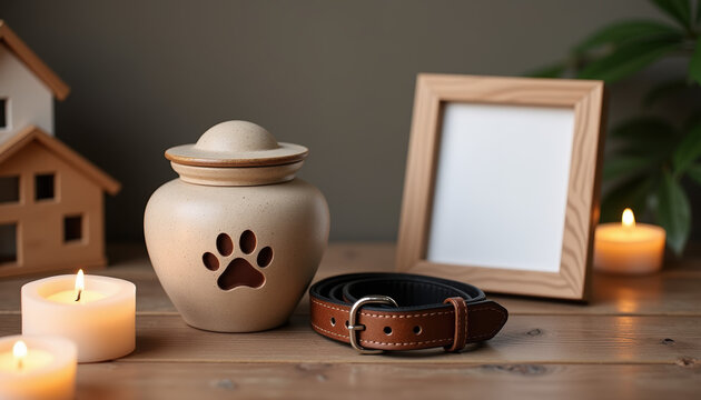 A warm mockup photo featuring a cozy display of a pet urn with paw prints, candles, and a collar, designed for honoring beloved pets with love and remembrance.