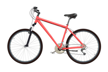 Fototapeta premium Red bicycle, side view. Black leather saddle and handles. Isolated on white background, 3D illustration