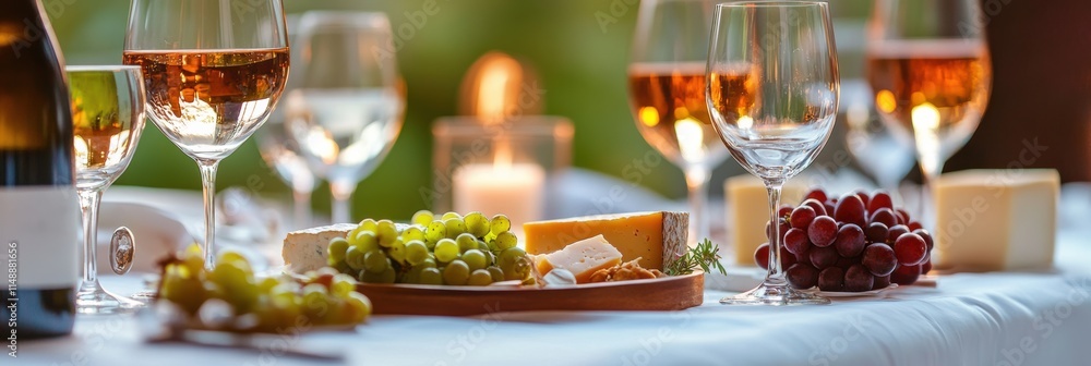 Poster elegant table setting with wine, cheese platter, and fruits for an evening gathering. generative ai