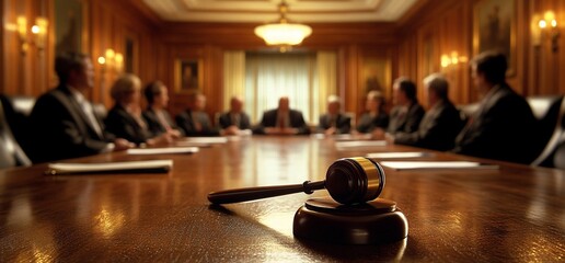 A gavel in focus at a formal meeting with attendees around a conference table.