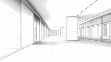 Minimalist white architectural sketch of a modern building interior, perspective view