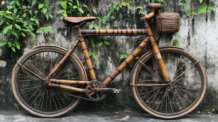 Handcrafted bamboo bicycle leaning against a rustic wall adorned with green vines, representing sustainable transport and artistry