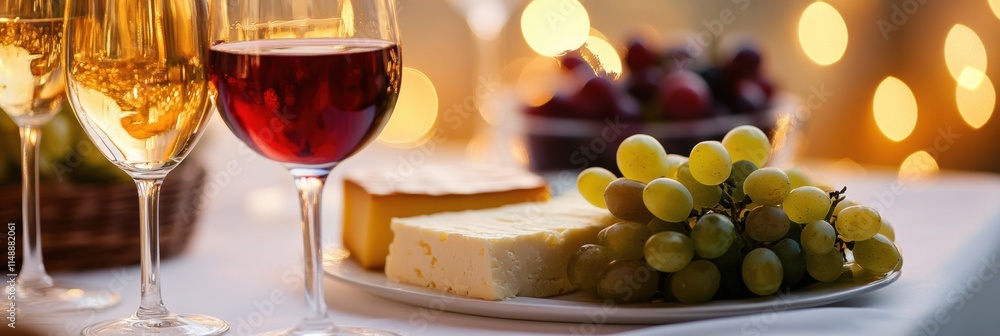 Poster elegant table setting with wine glasses, cheese platter, and grapes for an evening gathering. genera