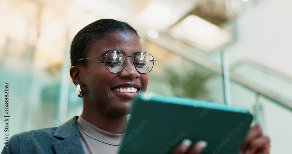 Poster office, black woman and smile with tablet for connection, software update and confidence for career.