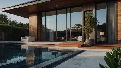 Modern home with large glass windows and wooden exterior, featuring a sleek, dark-colored infinity pool and patio. A potted plant sits near the glass doors.  Sunlight illuminates the scene.