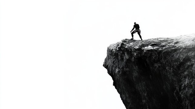 Silhouette of a man standing on a cliff edge, looking out at a bright, white sky.