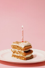 piece of cake with one candle on plate on pink background space for text