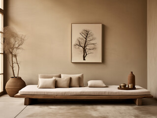 Neutral japandi and wabi sabi style living room with grey stucco walls, light bench with pillows and artwork on the wall
