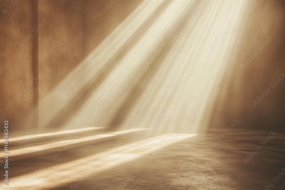 Poster sun rays shining through opening in ceiling illuminating dusty concrete floor in dark empty room