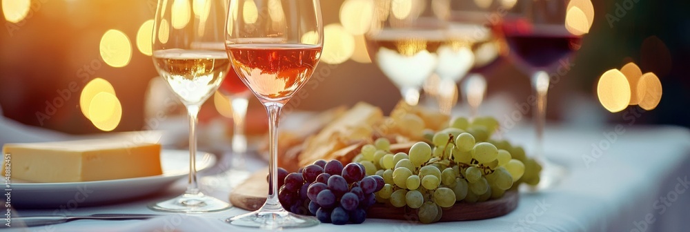 Aufkleber Elegant table setting with wine glasses and cheese platter for a delightful evening gathering. Generative AI