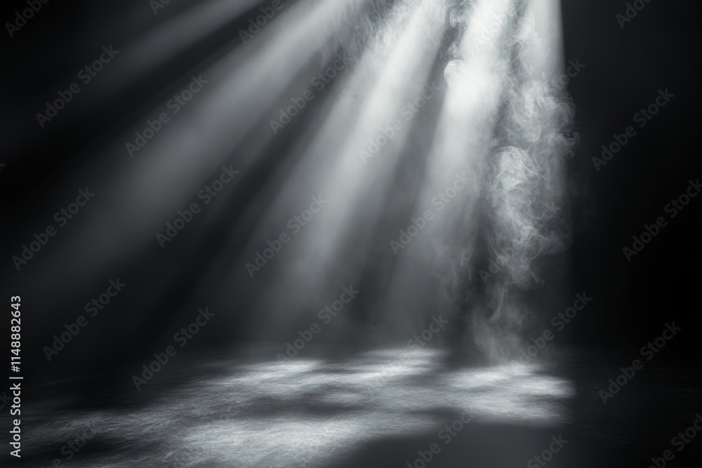 Poster light beams shining through smoke over dark background creating a mysterious atmosphere