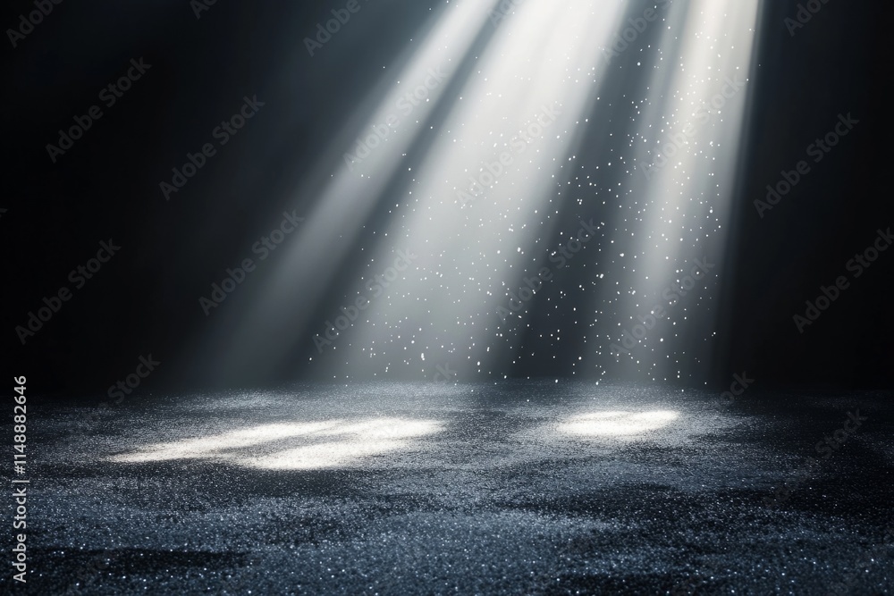 Poster light beams shining through smoke over dark background creating a mysterious atmosphere