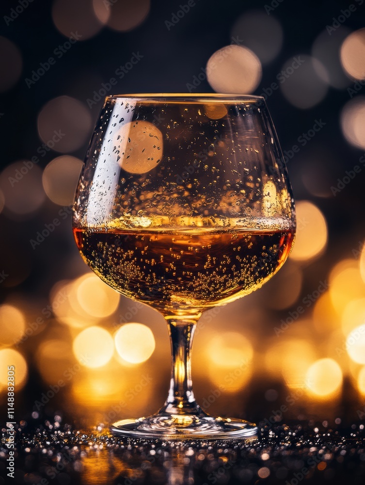 Poster Elegant glass of sparkling drink against a blurred golden background with soft bokeh lighting. Generative AI