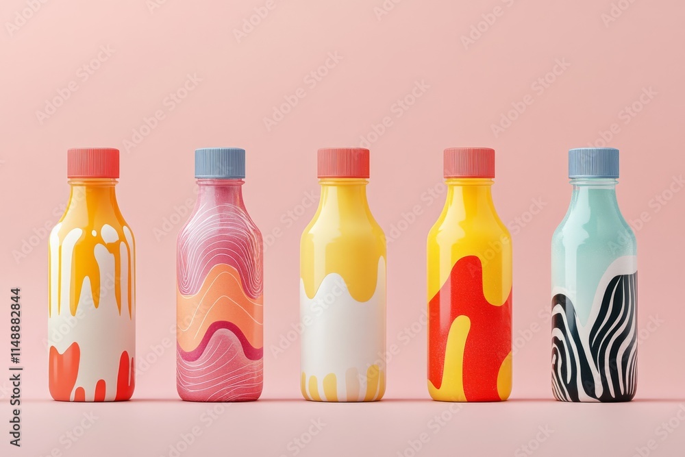 Poster five colorful plastic bottles with a modern design are standing on a pink background, creating a vib