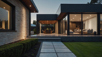 Modern home exterior at dusk, showcasing stone and dark-colored siding. Large windows overlook a patio with outdoor dining furniture.  A paved walkway leads from the house.