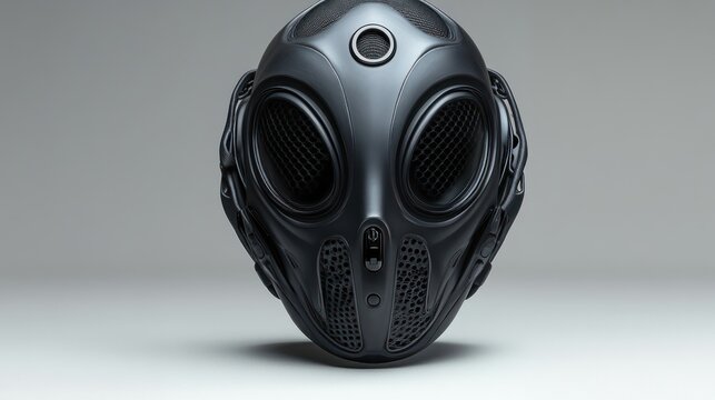 Futuristic black alien helmet, close-up studio shot on grey background.