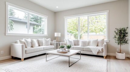Bright living room with two sofas, coffee table, rug, plants, and large windows.
