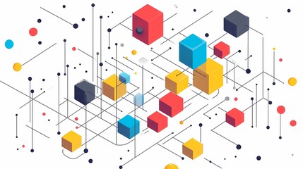 Minimalist line art of an isometric network with colorful blocks and dots on a white background