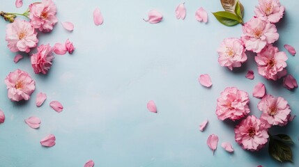Spring Horizontal banner with sakura flowers. Beautiful nature season background with a branch of blooming cherry. Copy space for text, selective focus