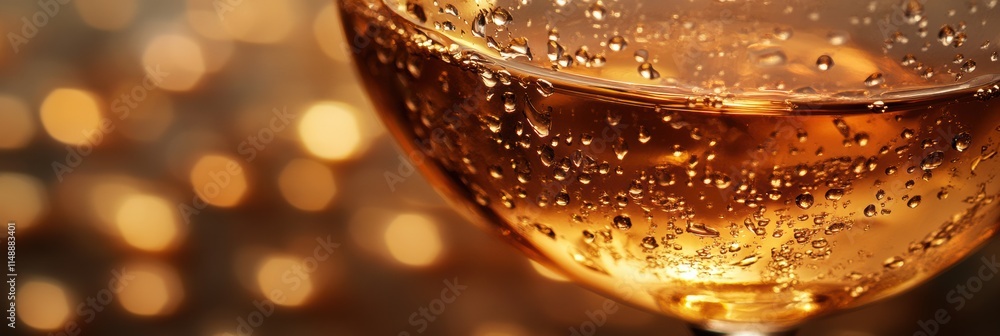 Aufkleber Bubbles and reflections in a glass of sparkling drink with warm golden bokeh background creating a festive atmosphere. Generative AI