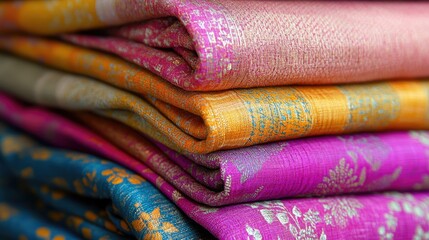 Vibrant stacked silk fabrics showcasing intricate patterns and rich colors in a textile shop setting for design inspiration