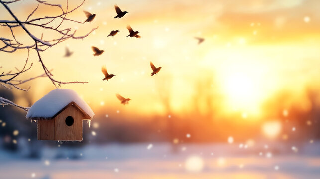 Flock of birds flying around snow-covered birdhouse hanging from frost-covered tree branch during golden hour sunset in beautiful winter wonderland - Powered by Adobe
