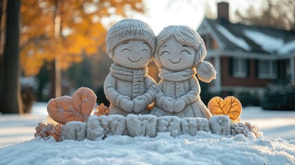 Charming winter scene featuring adorable snow sculptures of a smiling boy and girl holding hands in a tranquil outdoor setting