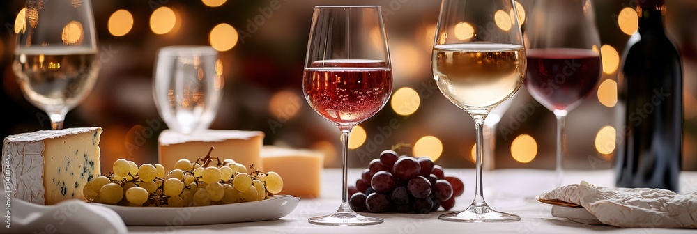 Poster elegant dining setting with wine glasses and cheese platter for a festive celebration in the evening