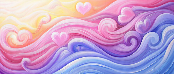 vibrant abstract painting featuring swirling waves in pink, purple, and blue, adorned with heart shapes, evoking sense of love and tranquility