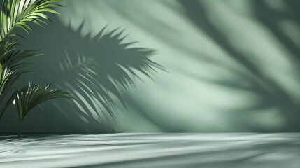 Fototapeta premium Minimalist green background with palm leaves shadows, empty table top for product presentation