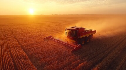 Fototapeta premium A combine harvester working in a golden wheat field at sunset, creating a dusty haze.