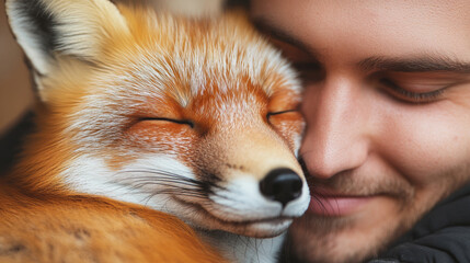 Obraz premium Rescued fox nestling softly against human companion, sharing tender moment of healing connection with closed eyes on weathered background