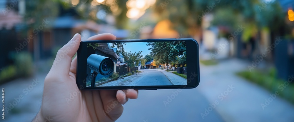 Poster a hand holding a smartphone displaying a security camera view of a street.