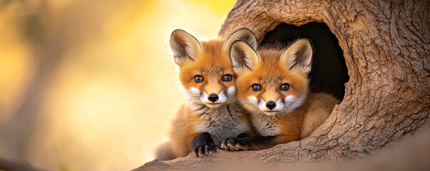 Fototapeta premium Two adorable red fox kits peering out of a heart-shaped hollow in a tree, illuminated by warm evening light, creating a whimsical and enchanting forest scene