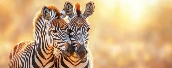Naklejka premium Two zebras stand side-by-side in golden sunset light, their black and white stripes creating a heart shape, symbolizing love and connection in the wild