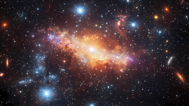 Starry sky with central blank area for custom constellations, space template, deep space exploration. Quasar. Illustration