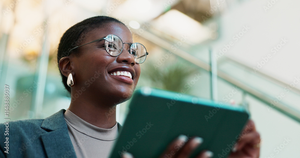 Poster Office, black woman and thinking with tablet for connection, software update and confidence for career. Ideas, happy person and web designer with digital for app notification, review tools and below