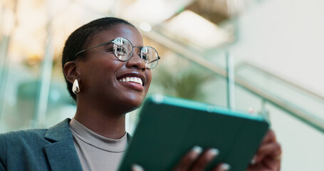 Office, black woman and thinking with tablet for connection, software update and confidence for...