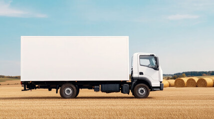 Delivery truck parked beside hay bales, rural barn landscape, white commercial vehicle standing in grassy field