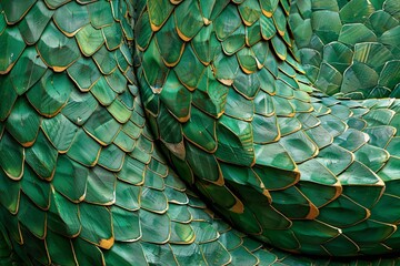 A close-up view reveals the detailed green scales of a serpent sculpture, showcasing vibrant hues and unique patterns. These intricate textures captivate viewers in an outdoor setting