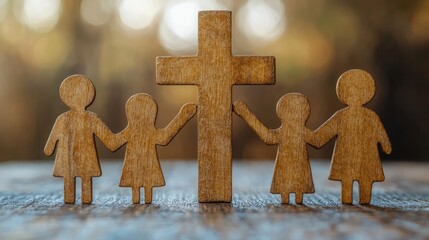 Wooden family silhouettes holding hands by a cross, symbolizing unity, faith, and connection in a warm, serene setting.
