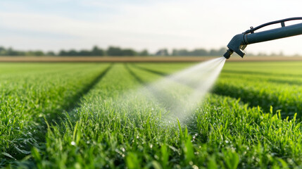 Close-up of spray nozzles releasing fine mist over agricultural field, demonstrating precision irrigation and crop nurturing techniques
