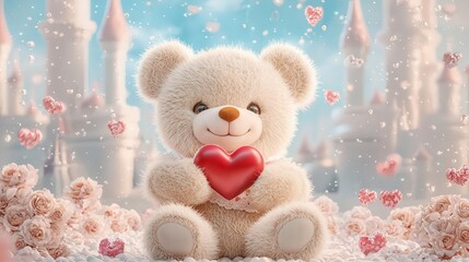 Fototapeta premium Cute teddy bear holding heart, fairytale scene