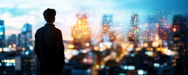 Fototapeta premium Data professional analyzing glowing holographic network connections hovering above urban landscape during twilight hours