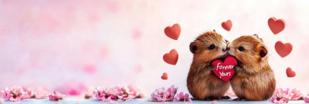 Watercolor Voles: Forever Yours - Adorable watercolor voles share a tender kiss, holding a heart that reads "Forever Yours," surrounded by pink blossoms and hearts, symbolizing love, affection, commit