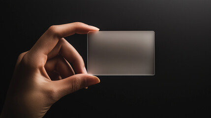 A hand with natural skin tones, gently holding a transparent business card, set against a solid black background. The sharp contrast between the card and the dark backdrop highligh