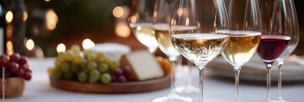 Poster elegant table set with wine glasses and cheese platter for a casual gathering during evening. genera