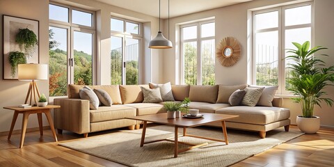 Fototapeta premium Cozy Beige Sectional Sofa in Minimalist Living Room with Natural Light & Wooden Accents